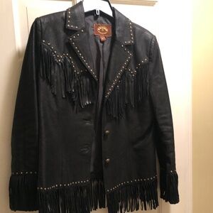 Black leather fringed jacket